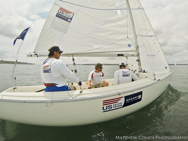 USA Sonar team Rick Doerr, Tim Angle and Hugh Freund Clagett 2014 © Matthew Cohen / Clagett Regatta http://www.clagettregatta.org